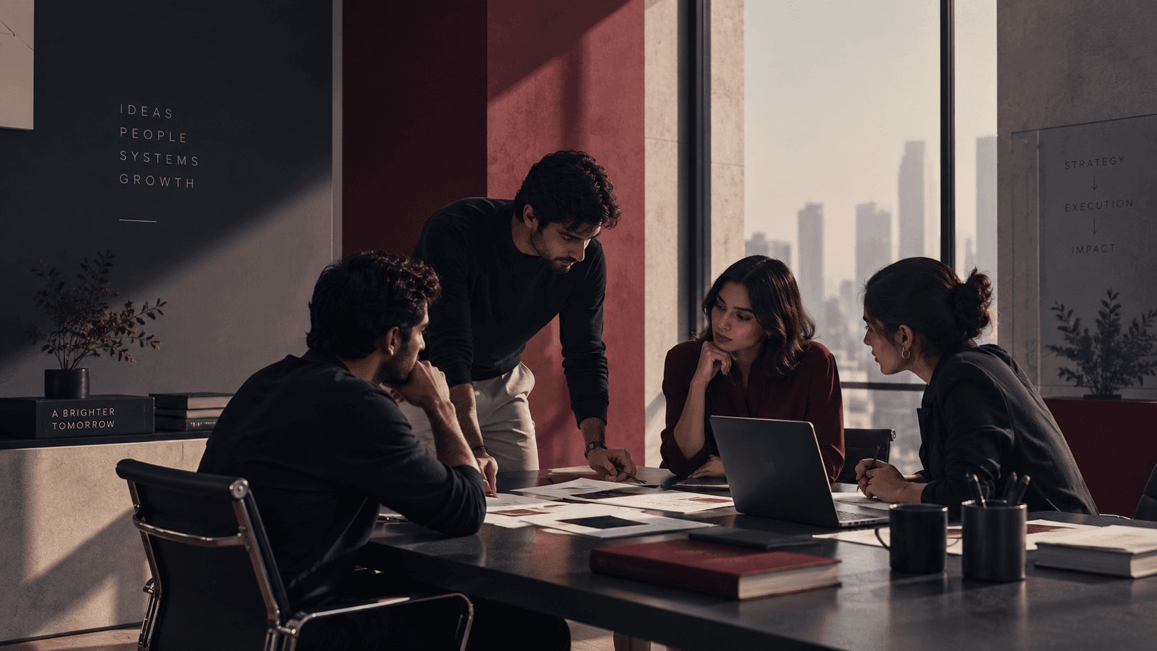Colleagues collaborating around a conference table in a sunlit office.