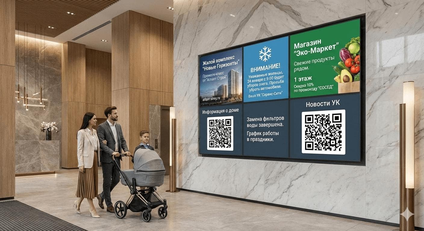 Residential and community digital advertising screens.