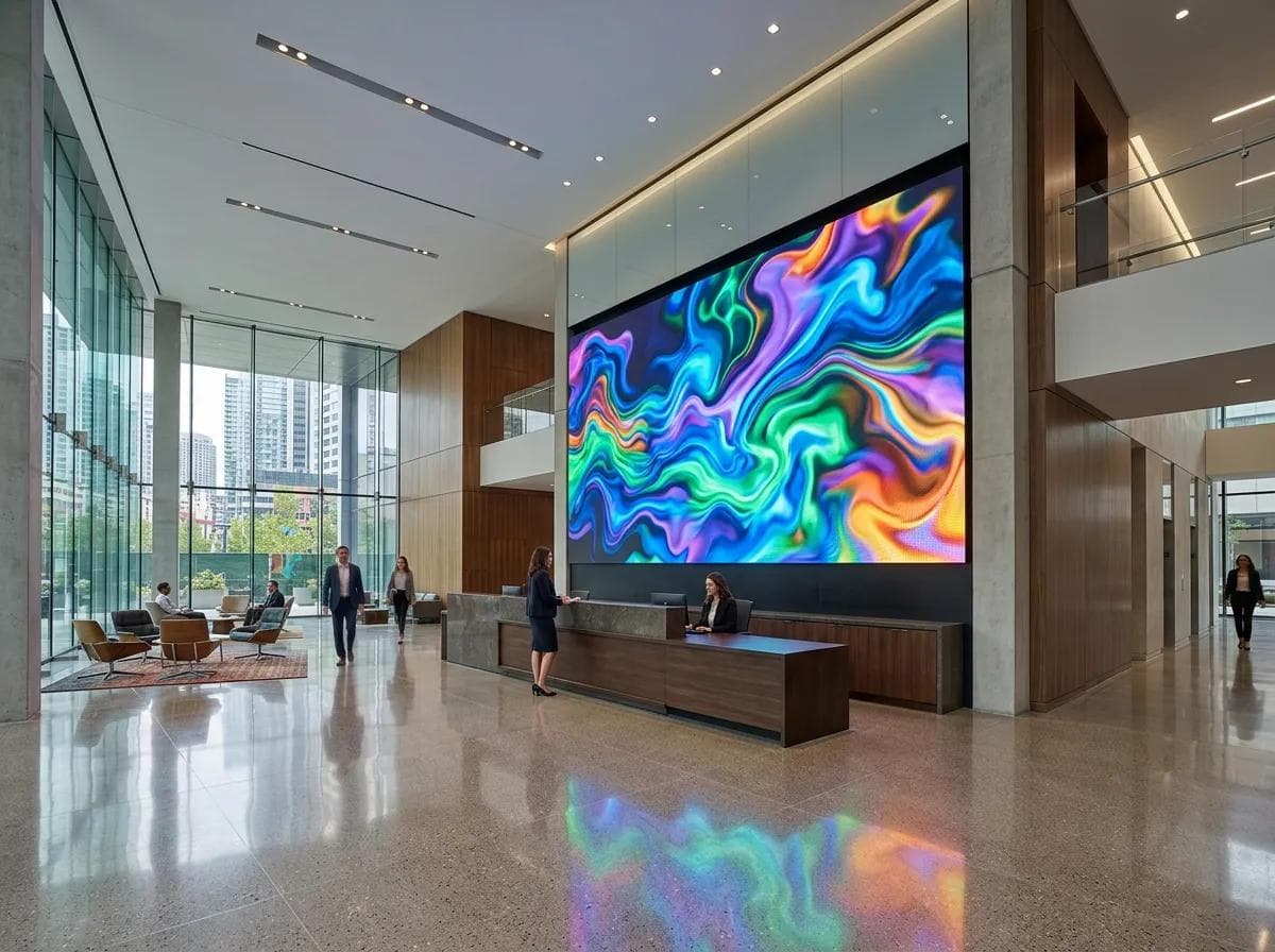 Indoor digital advertising screen in a high-footfall interior.
