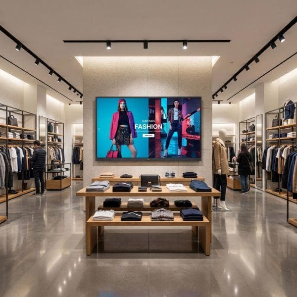 Digital screens in a retail and commercial environment.
