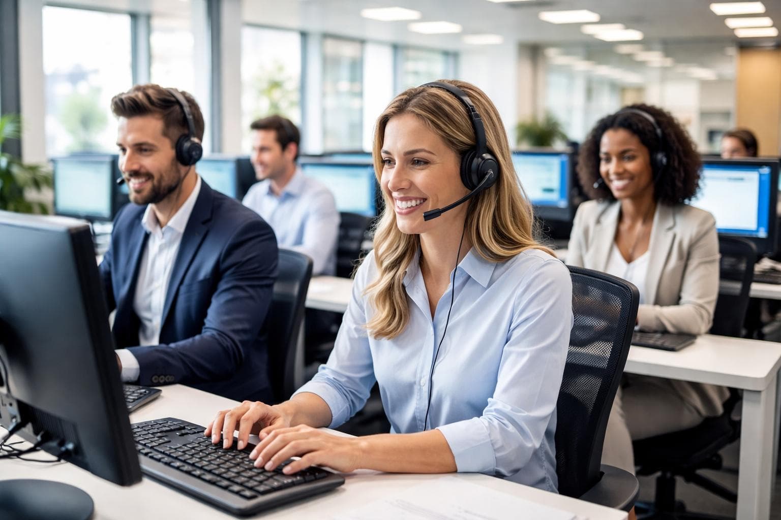 Call-centre agents wearing headsets at desktop workstations.