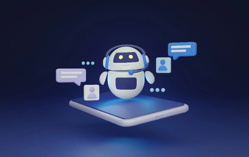 Illustrated support bot with chat bubbles above a smartphone.