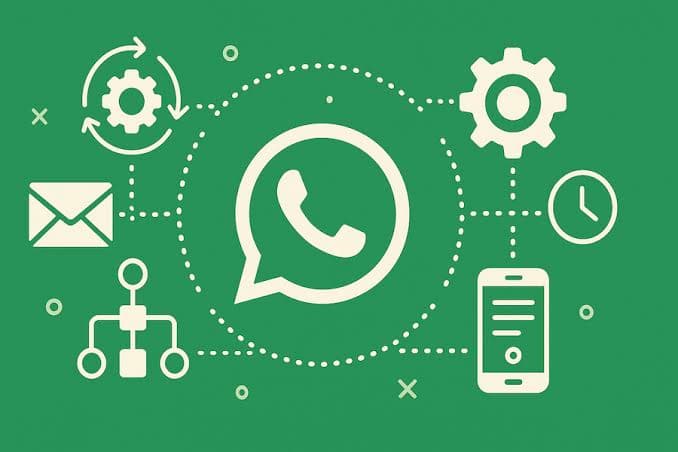 WhatsApp business automation diagram on a green field.